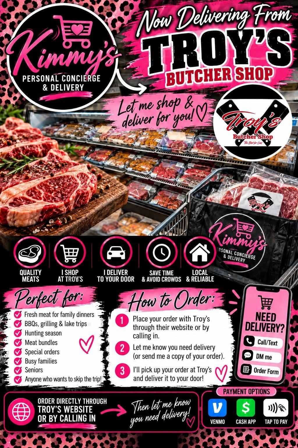 Kimmy's flyer for delivery from Troy's Butcher Shop