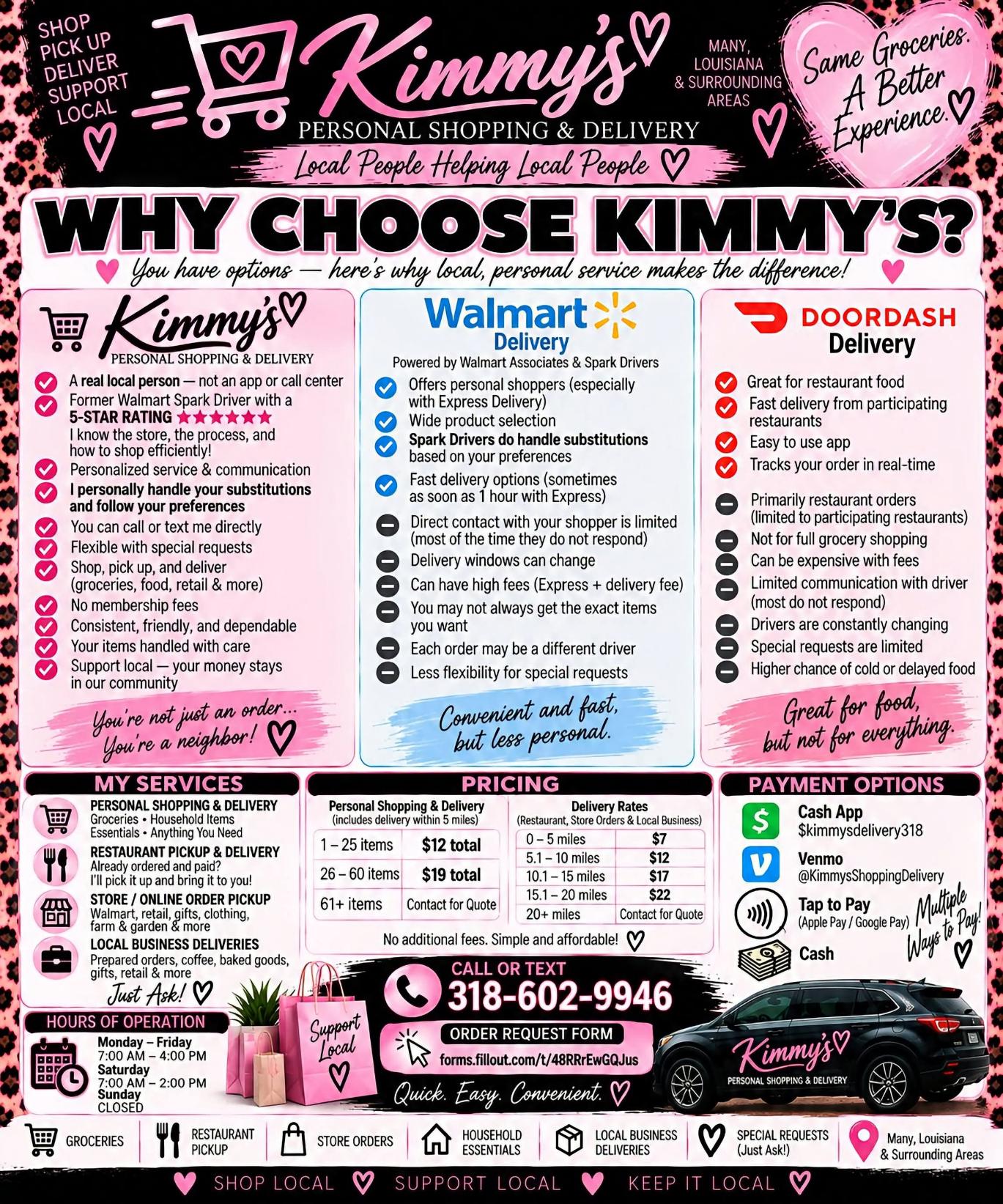 Flyer comparing Kimmy's with Walmart delivery and DoorDash