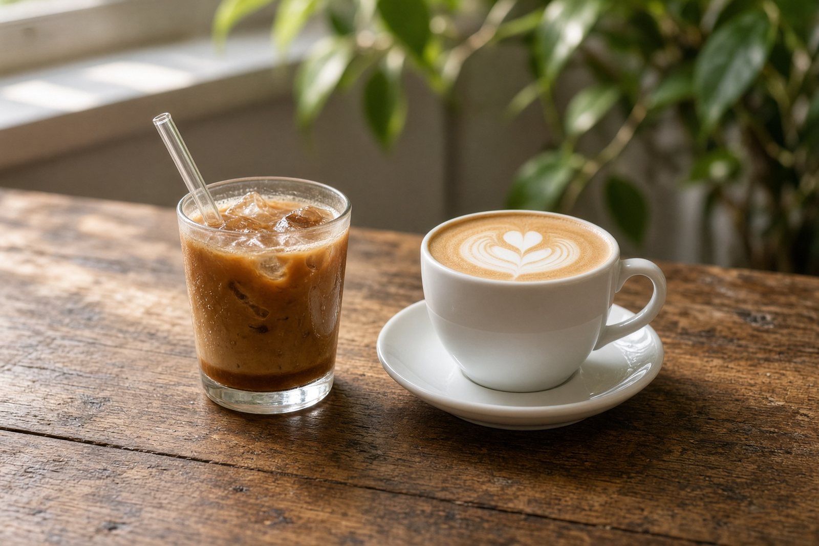 An iced coffee and a latte on a wooden counter