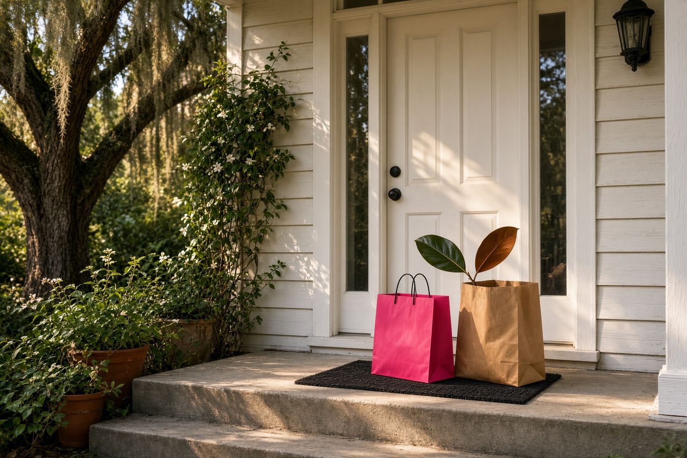A pink shopping bag and groceries waiting on a cottage doorstep