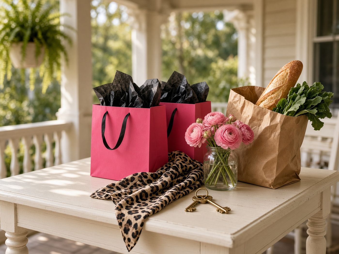 Pink shopping bags, groceries, and a leopard scarf arranged on a porch table