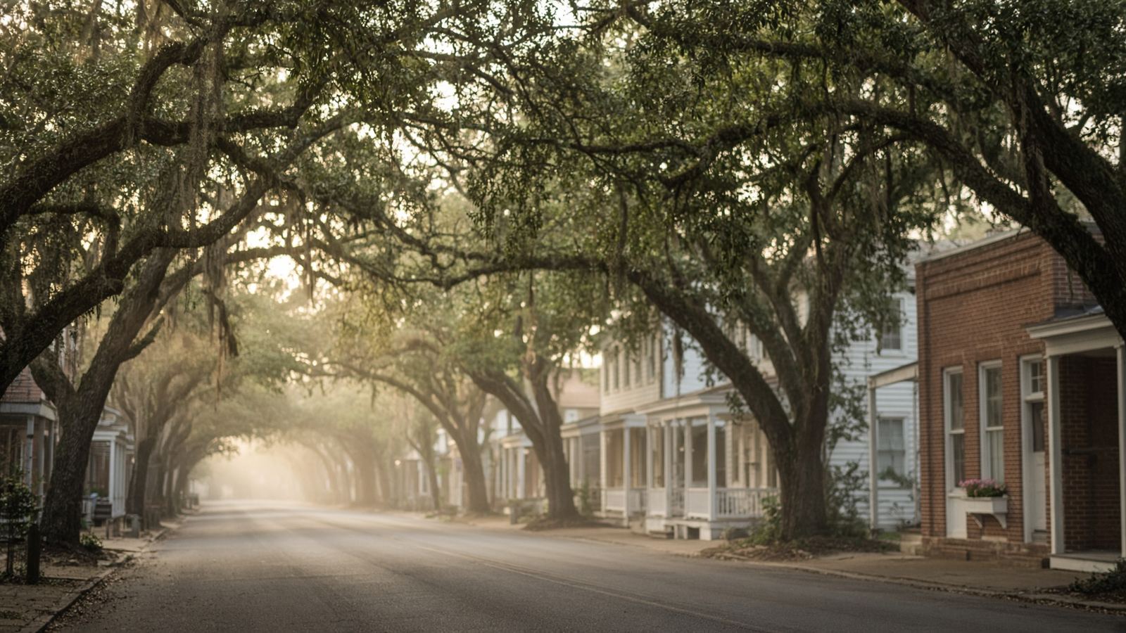 A tree-lined street in a small Louisiana town